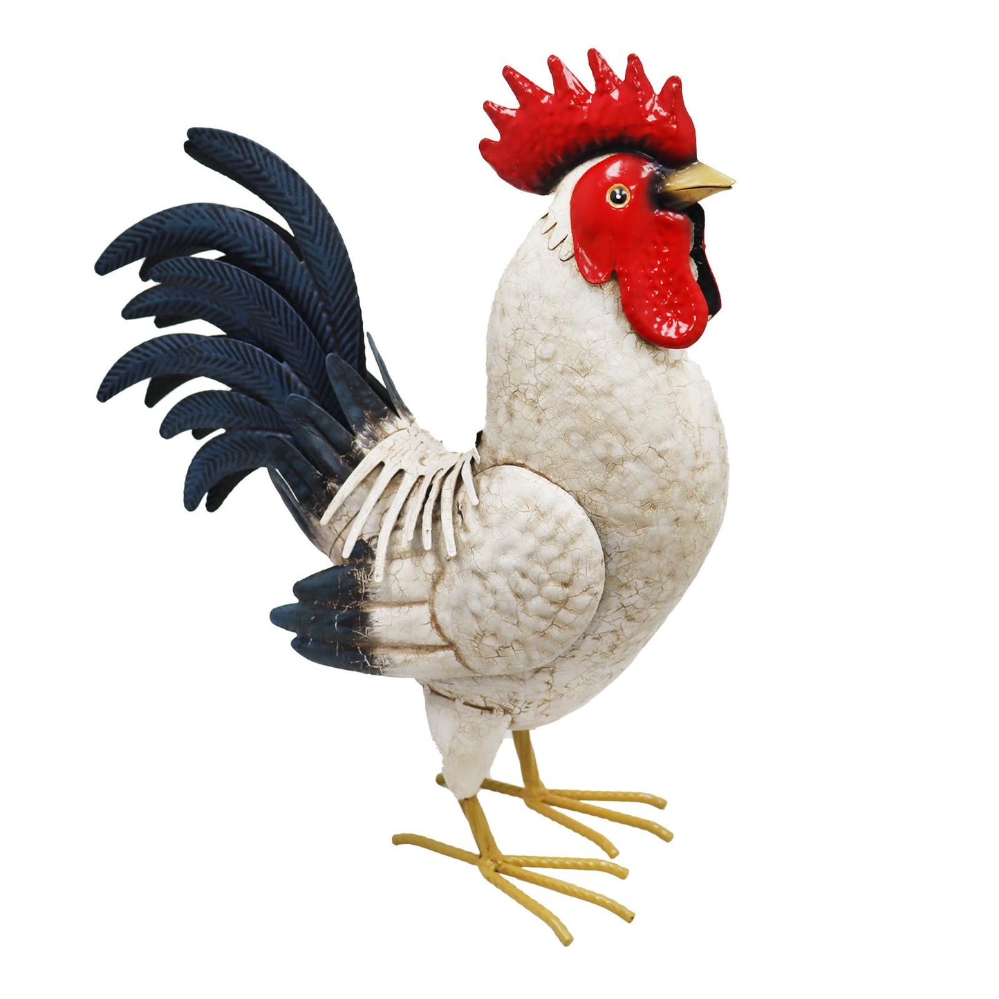 Metal White Cockerel (44cm x 16cm x 36cm) – Handcrafted Rustic Rooster Garden Ornament Farmyard Statue