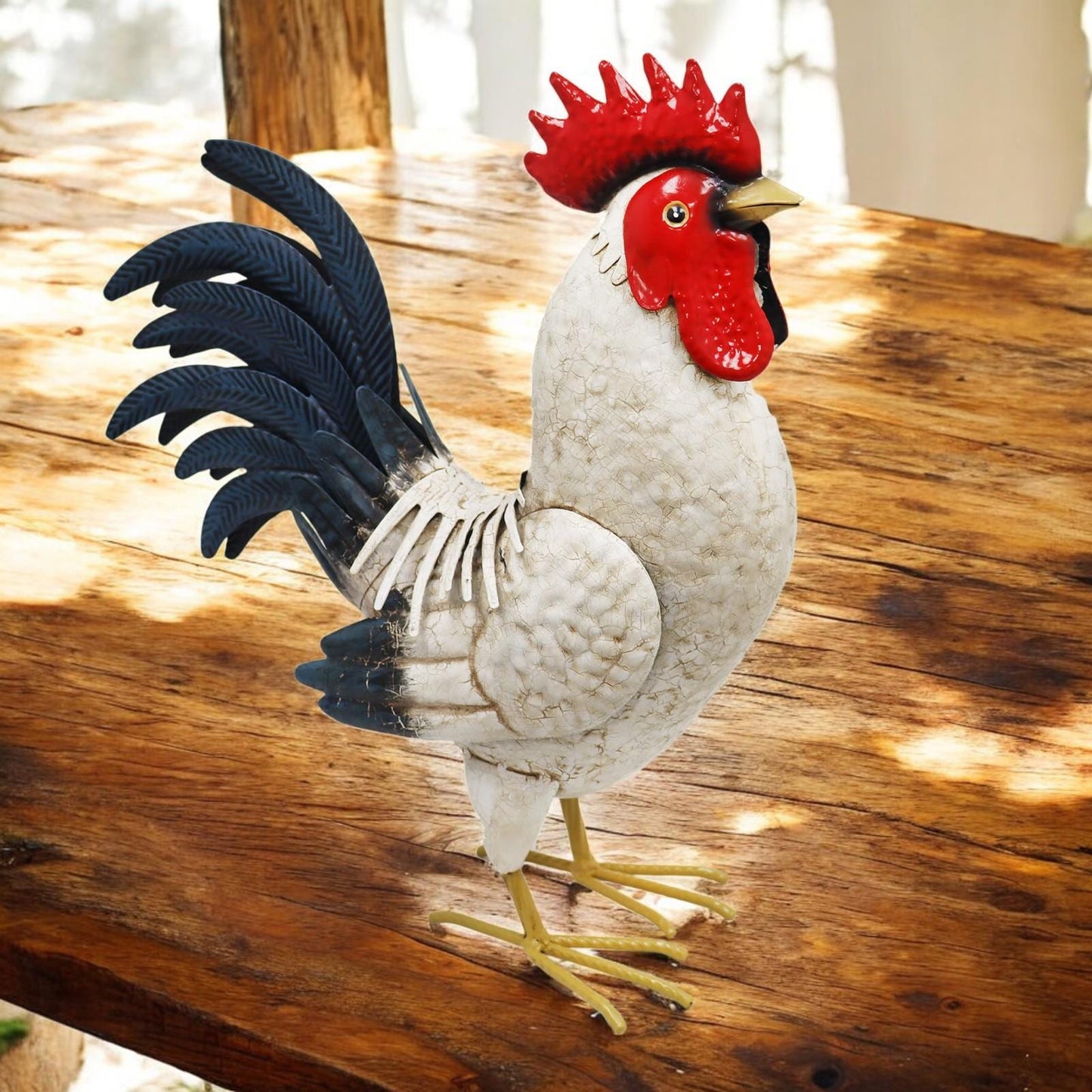Metal White Cockerel (44cm x 16cm x 36cm) – Handcrafted Rustic Rooster Garden Ornament Farmyard Statue