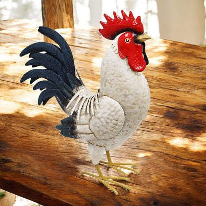 Metal White Cockerel (44cm x 16cm x 36cm) – Handcrafted Rustic Rooster Garden Ornament Farmyard Statue