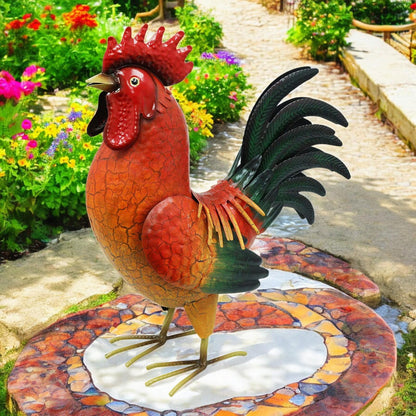 Large Metal Red Cockerel (44cm x 16cm x 36cm) – Handcrafted Rustic Rooster Garden Ornament  Farmyard Statue
