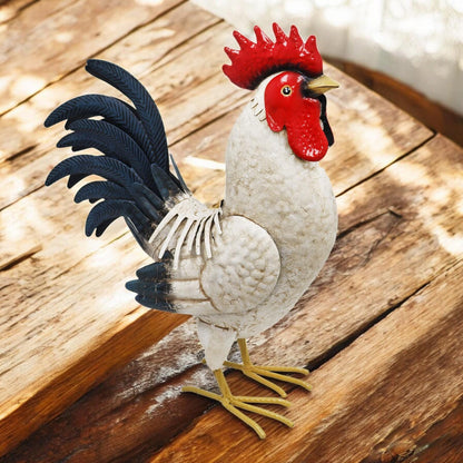 Metal White Cockerel (44cm x 16cm x 36cm) – Handcrafted Rustic Rooster Garden Ornament Farmyard Statue
