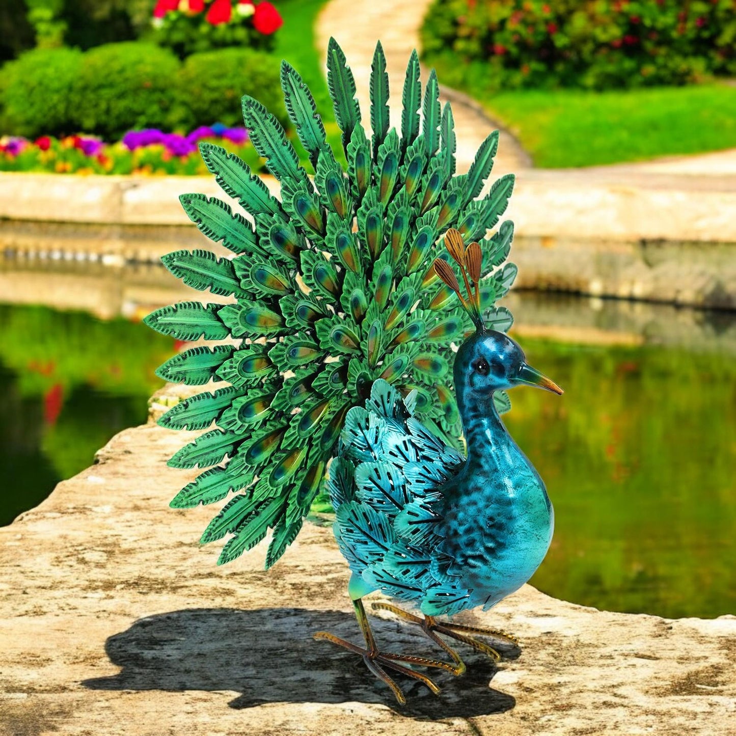 Vibrant Emerald Peacock (48cm x 43cm x 21cm) – Handcrafted Decorative Peacock Garden Ornament Farmyard Statue