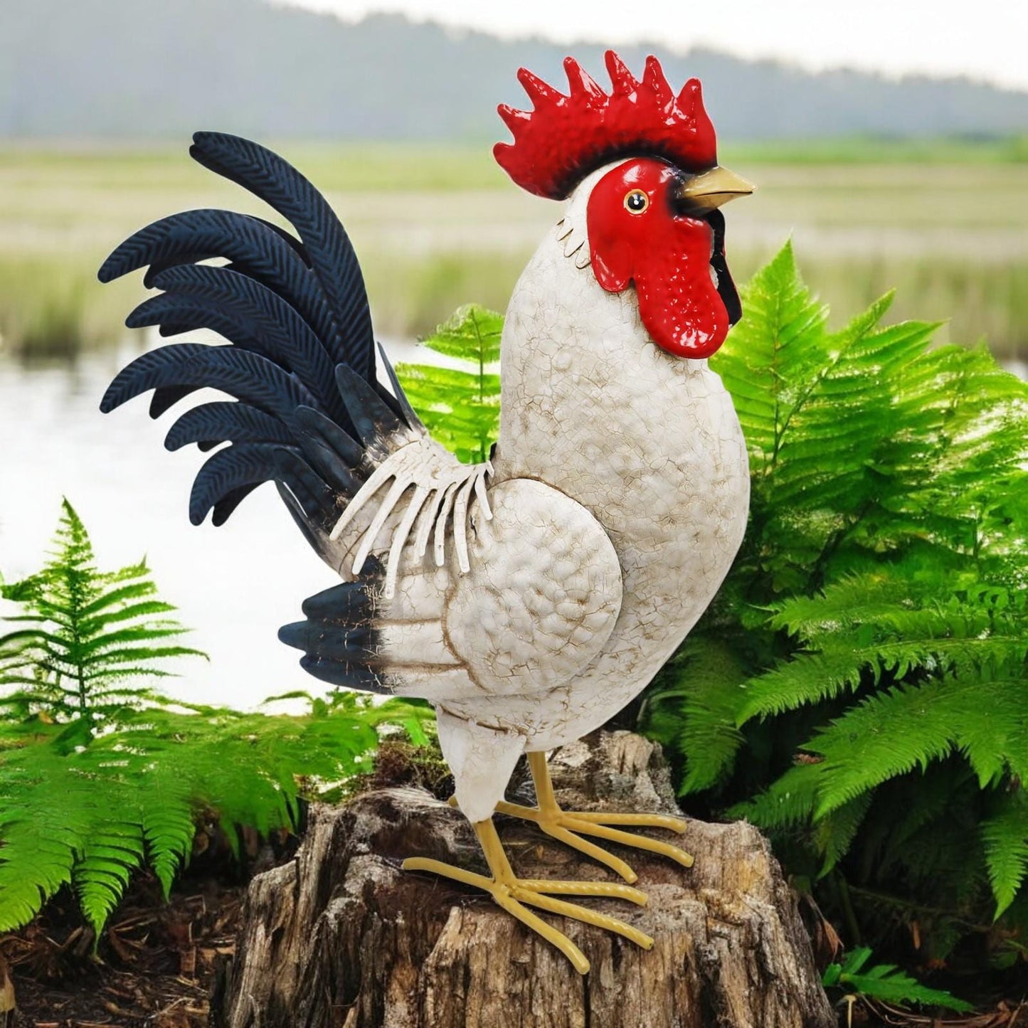 Metal White Cockerel (44cm x 16cm x 36cm) – Handcrafted Rustic Rooster Garden Ornament Farmyard Statue