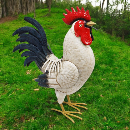 Metal White Cockerel (44cm x 16cm x 36cm) – Handcrafted Rustic Rooster Garden Ornament Farmyard Statue