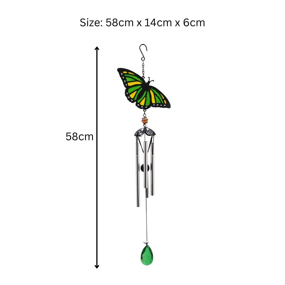 Suncatcher Green Butterfly Wind Chime (58cm x 14cm x 6cm) – Handmade Metal & Glass Hanging Chime – Outdoor Garden Ornament