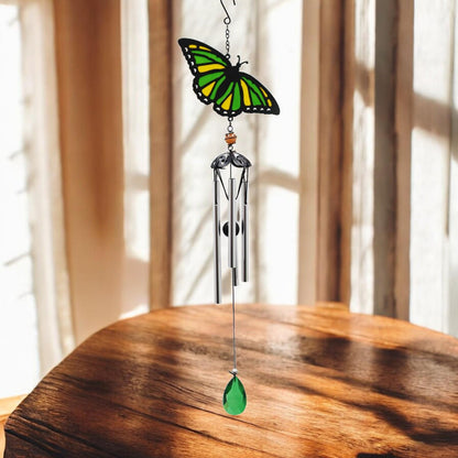 Suncatcher Green Butterfly Wind Chime (58cm x 14cm x 6cm) – Handmade Metal & Glass Hanging Chime – Outdoor Garden Ornament