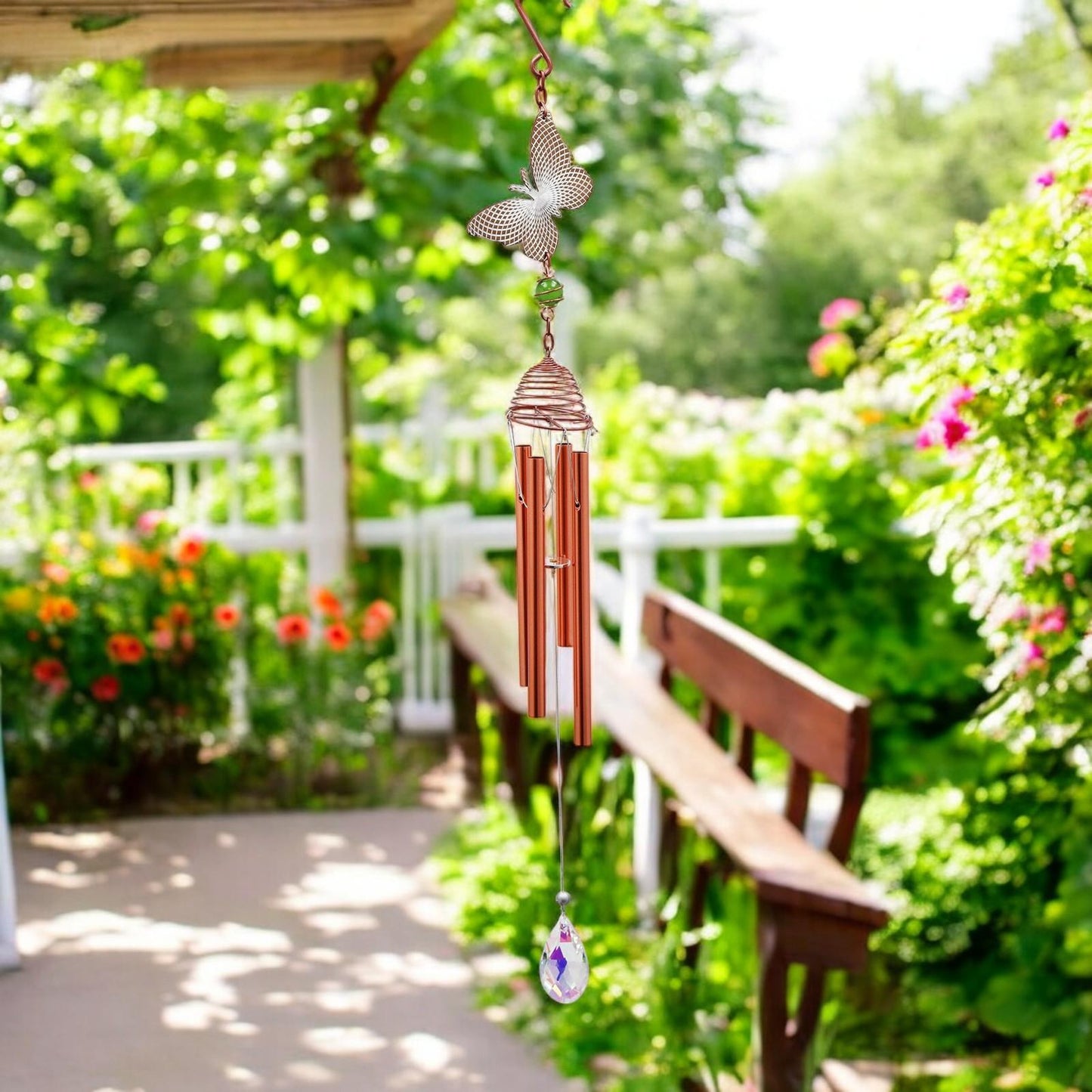 Rose Gold Butterfly Wind Chime – 58cm x 8cm x 6cm | Elegant Metal Hanging Chime for Garden, Patio & Home |  Melodic Outdoor Wind Bell