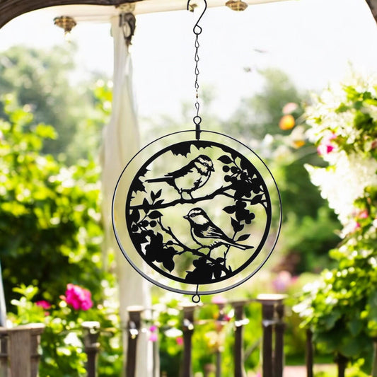 Black Metal Blue Tit Hanging Silhouette Orbit Spinner – 39cm x 23cm | Elegant Garden & Patio Décor | Wind Spinner for Outdoor Spaces