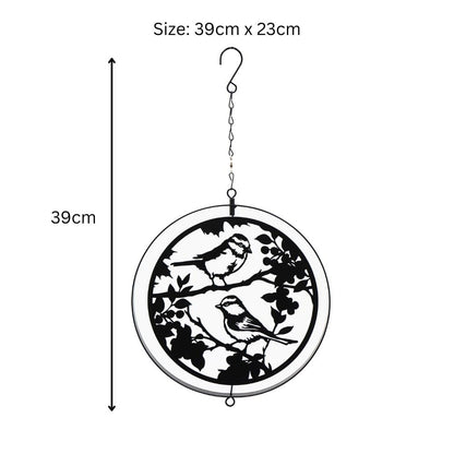 Black Metal Blue Tit Hanging Silhouette Orbit Spinner – 39cm x 23cm | Elegant Garden & Patio Décor | Wind Spinner for Outdoor Spaces