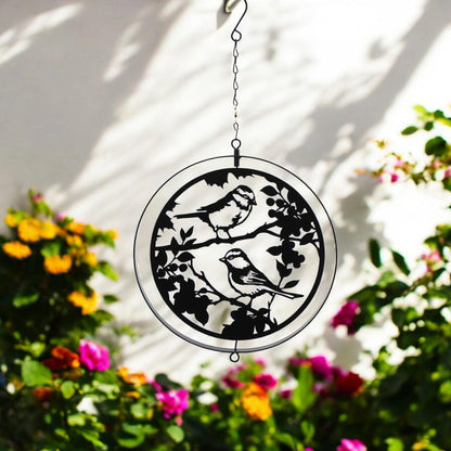 Black Metal Blue Tit Hanging Silhouette Orbit Spinner – 39cm x 23cm | Elegant Garden & Patio Décor | Wind Spinner for Outdoor Spaces