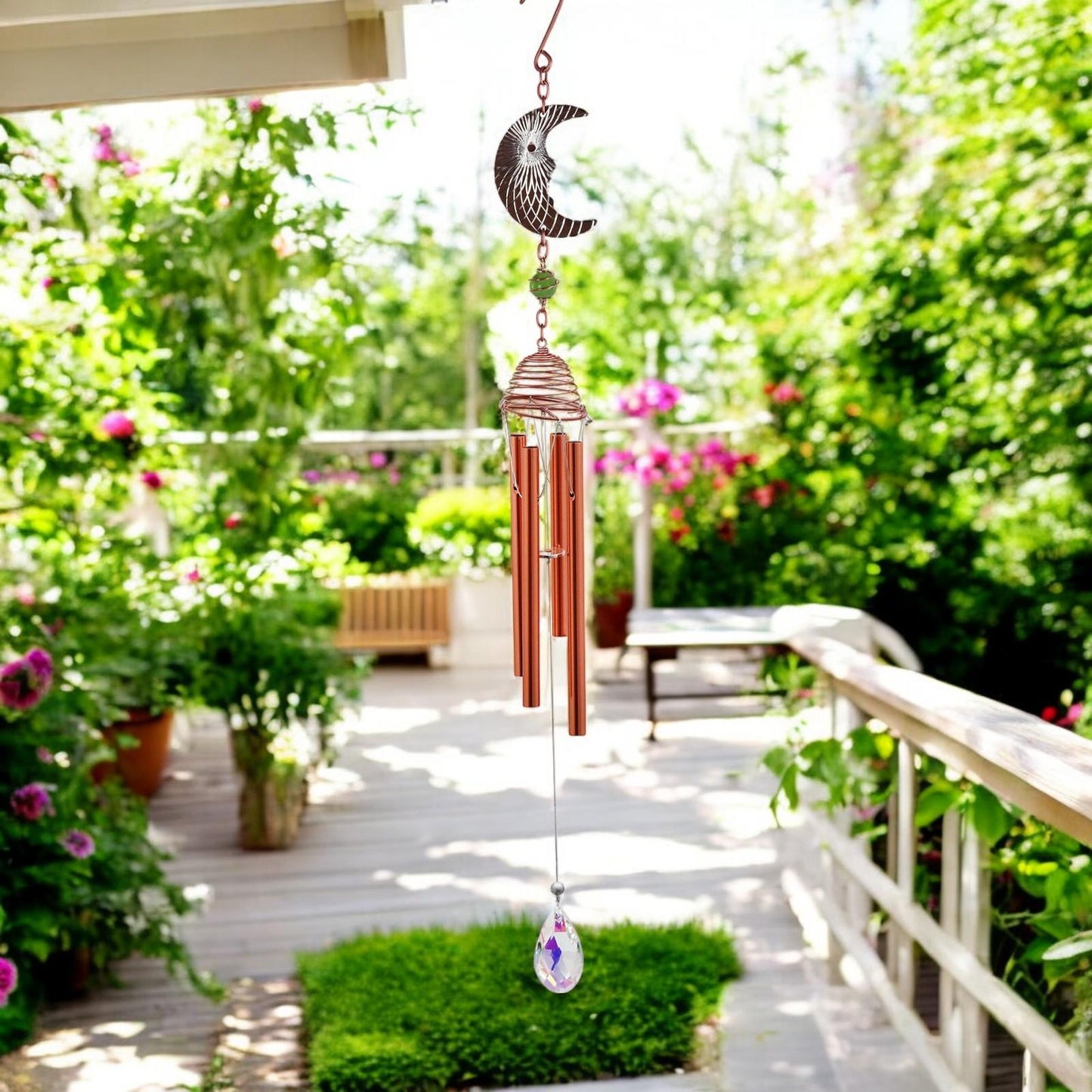 Rose Gold Moon Wind Chime – 58cm x 8cm x 6cm | Celestial Hanging Chime for Garden, Patio & Home | Soothing, Melodic Outdoor Wind Bell