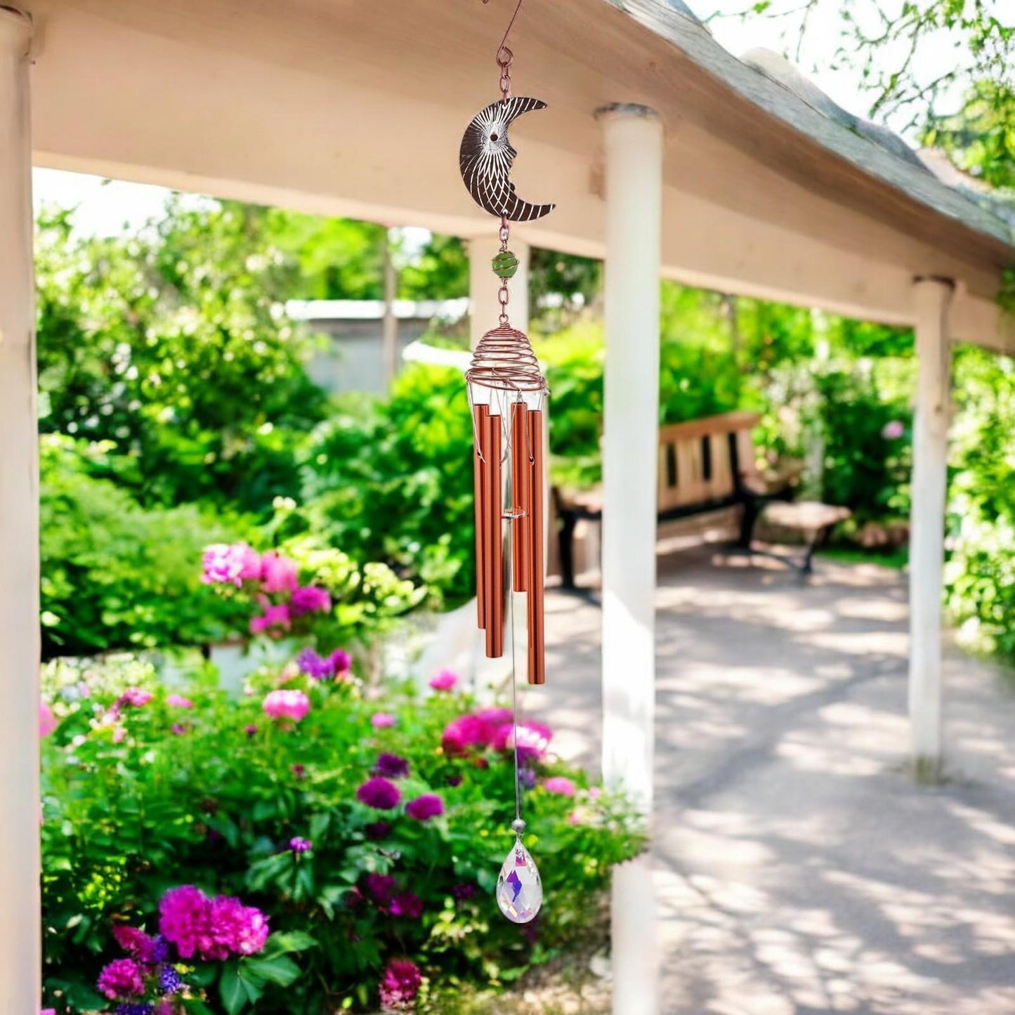 Rose Gold Moon Wind Chime – 58cm x 8cm x 6cm | Celestial Hanging Chime for Garden, Patio & Home | Soothing, Melodic Outdoor Wind Bell