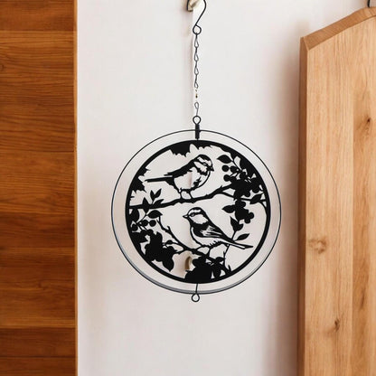 Black Metal Blue Tit Hanging Silhouette Orbit Spinner – 39cm x 23cm | Elegant Garden & Patio Décor | Wind Spinner for Outdoor Spaces
