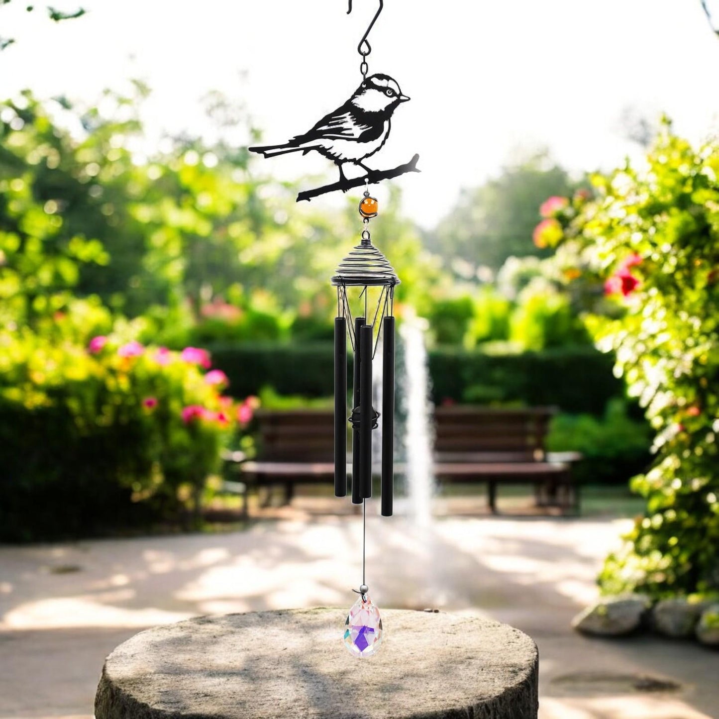Silhouette Blue Tit Wind Chime – Black, 58cm x 14cm x 6cm | Elegant Hanging Bird Chime for Garden, Patio & Home |  Outdoor Décor