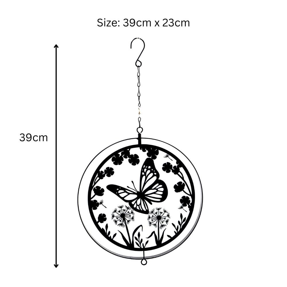 Black Metal Butterfly Hanging Silhouette Orbit Spinner – 39cm x 23cm | Elegant Outdoor Garden Décor | Wind Spinner for Patios, Gardens