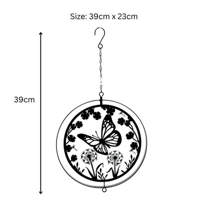 Black Metal Butterfly Hanging Silhouette Orbit Spinner – 39cm x 23cm | Elegant Outdoor Garden Décor | Wind Spinner for Patios, Gardens