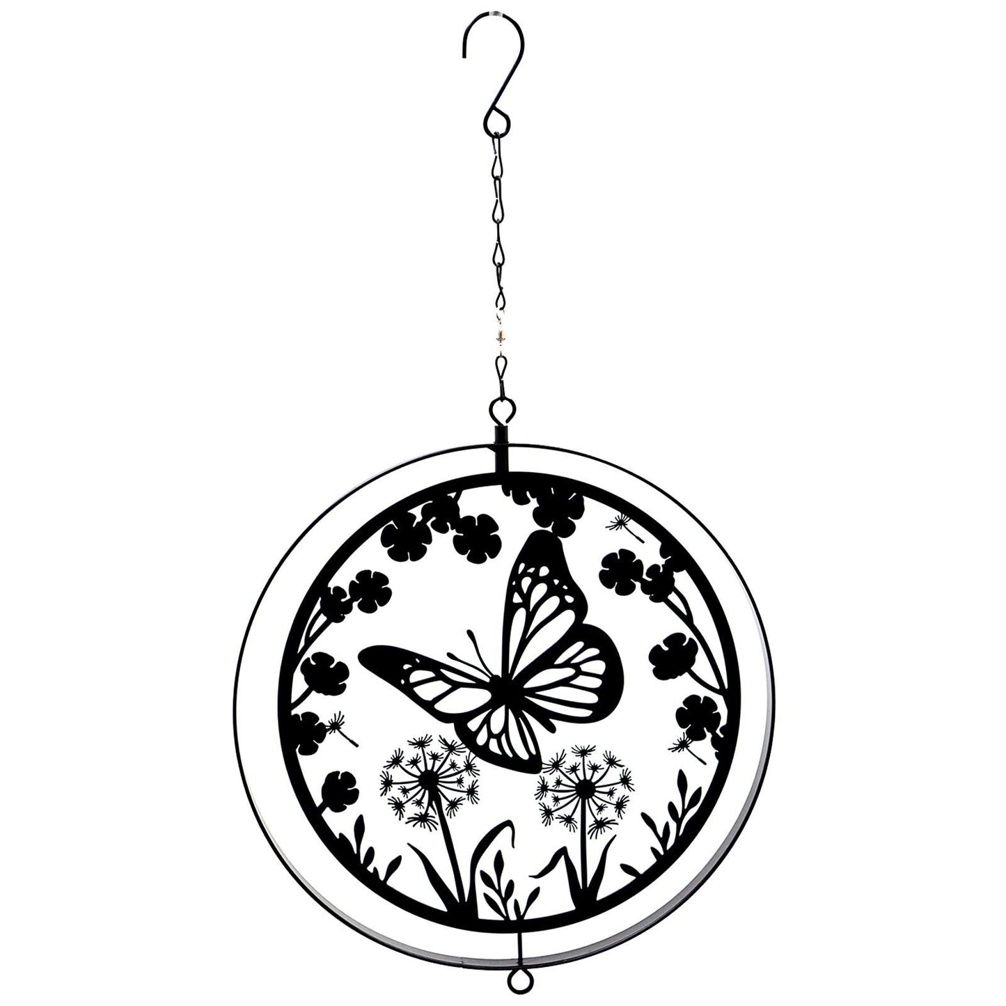 Black Metal Butterfly Hanging Silhouette Orbit Spinner – 39cm x 23cm | Elegant Outdoor Garden Décor | Wind Spinner for Patios, Gardens