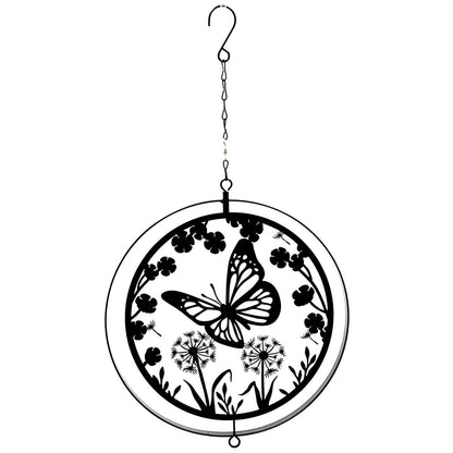 Black Metal Butterfly Hanging Silhouette Orbit Spinner – 39cm x 23cm | Elegant Outdoor Garden Décor | Wind Spinner for Patios, Gardens