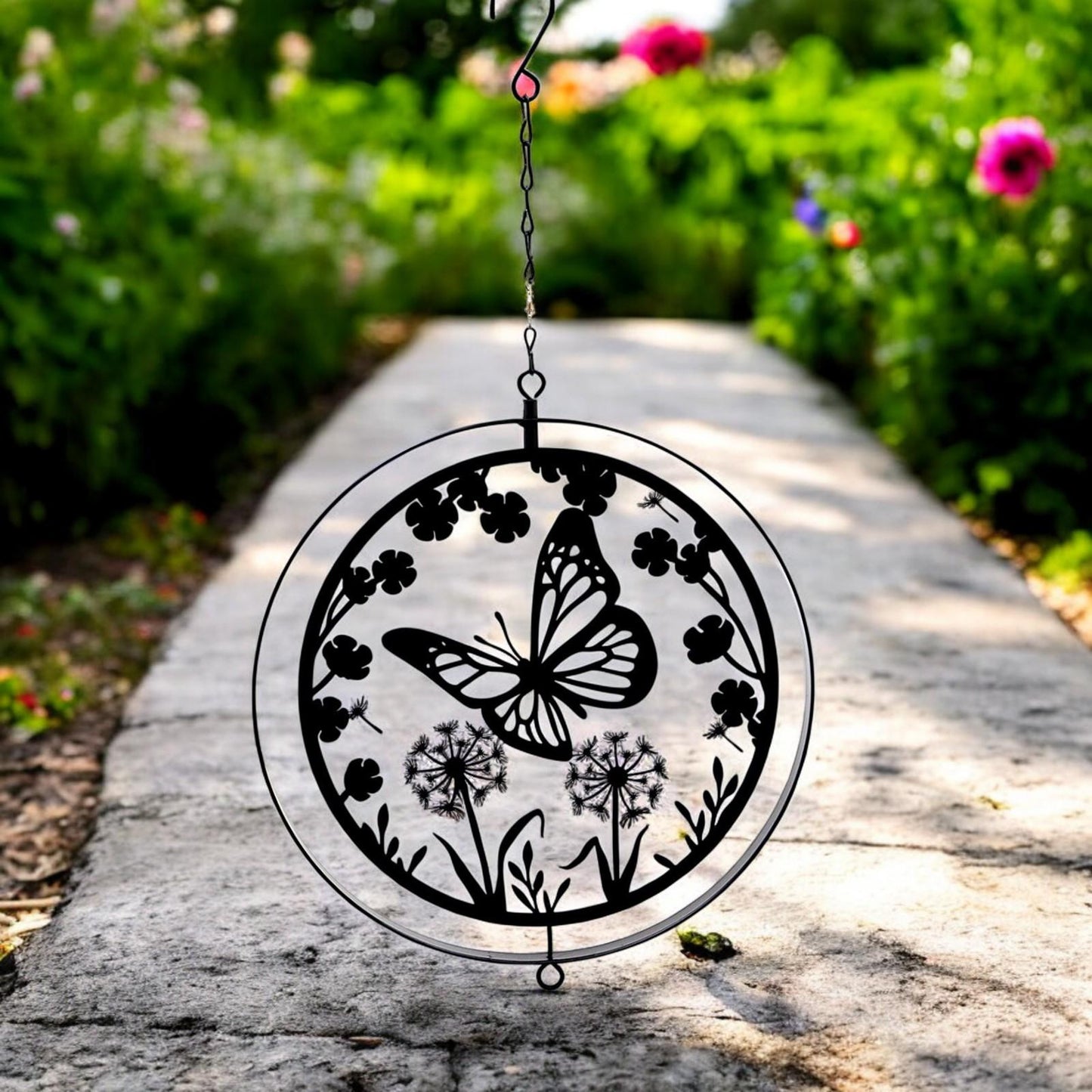 Black Metal Butterfly Hanging Silhouette Orbit Spinner – 39cm x 23cm | Elegant Outdoor Garden Décor | Wind Spinner for Patios, Gardens