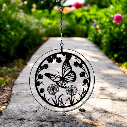Black Metal Butterfly Hanging Silhouette Orbit Spinner – 39cm x 23cm | Elegant Outdoor Garden Décor | Wind Spinner for Patios, Gardens