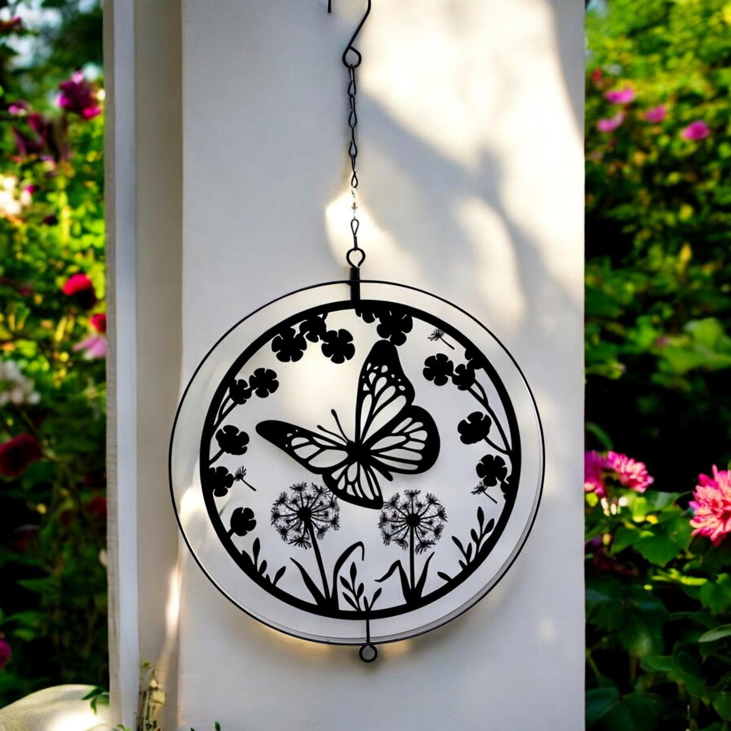 Black Metal Butterfly Hanging Silhouette Orbit Spinner – 39cm x 23cm | Elegant Outdoor Garden Décor | Wind Spinner for Patios, Gardens