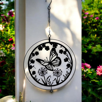 Black Metal Butterfly Hanging Silhouette Orbit Spinner – 39cm x 23cm | Elegant Outdoor Garden Décor | Wind Spinner for Patios, Gardens