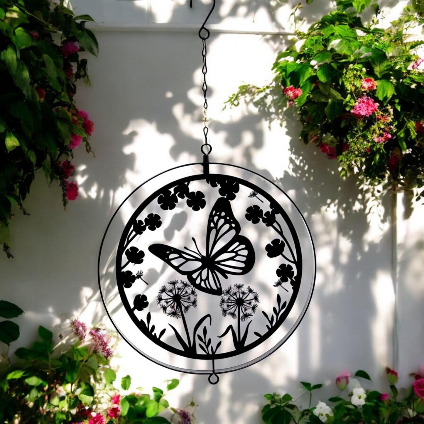 Black Metal Butterfly Hanging Silhouette Orbit Spinner – 39cm x 23cm | Elegant Outdoor Garden Décor | Wind Spinner for Patios, Gardens