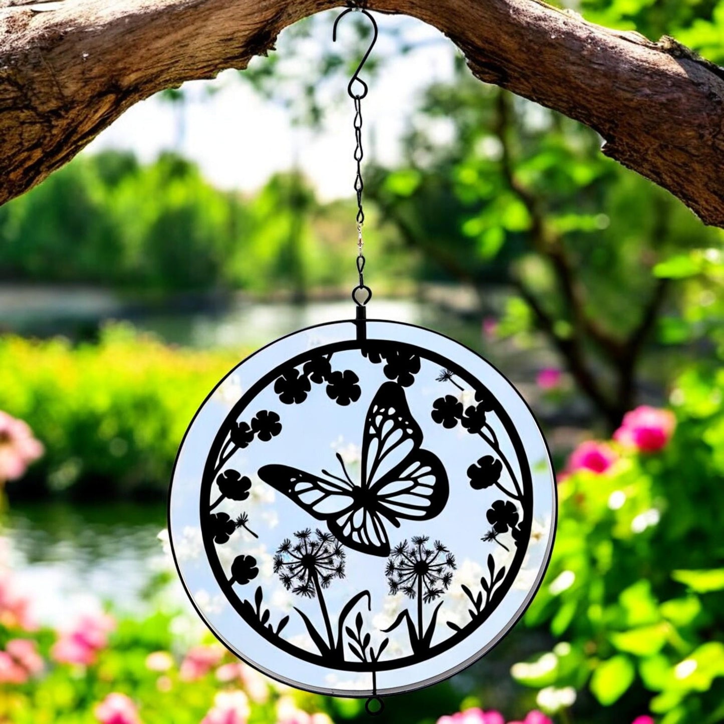 Black Metal Butterfly Hanging Silhouette Orbit Spinner – 39cm x 23cm | Elegant Outdoor Garden Décor | Wind Spinner for Patios, Gardens