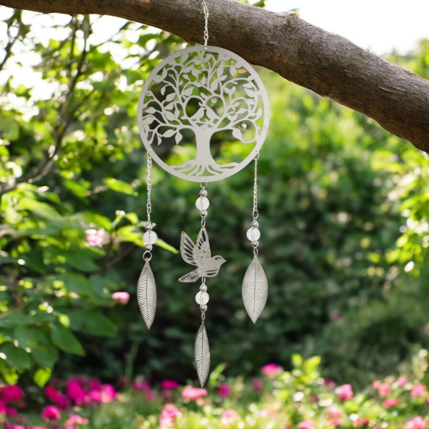 Tree Stainless Steel Hanging Dreamcatcher – 59cm x 18cm | Elegant Outdoor & Indoor Wind Spinner | Boho Metal Dream Catcher for Gardens