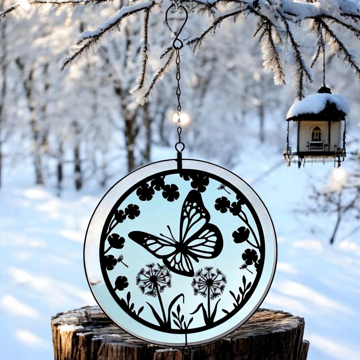 Black Metal Butterfly Hanging Silhouette Orbit Spinner – 39cm x 23cm | Elegant Outdoor Garden Décor | Wind Spinner for Patios, Gardens