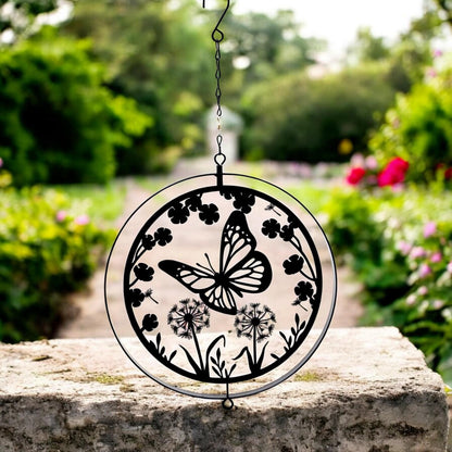 Black Metal Butterfly Hanging Silhouette Orbit Spinner – 39cm x 23cm | Elegant Outdoor Garden Décor | Wind Spinner for Patios, Gardens