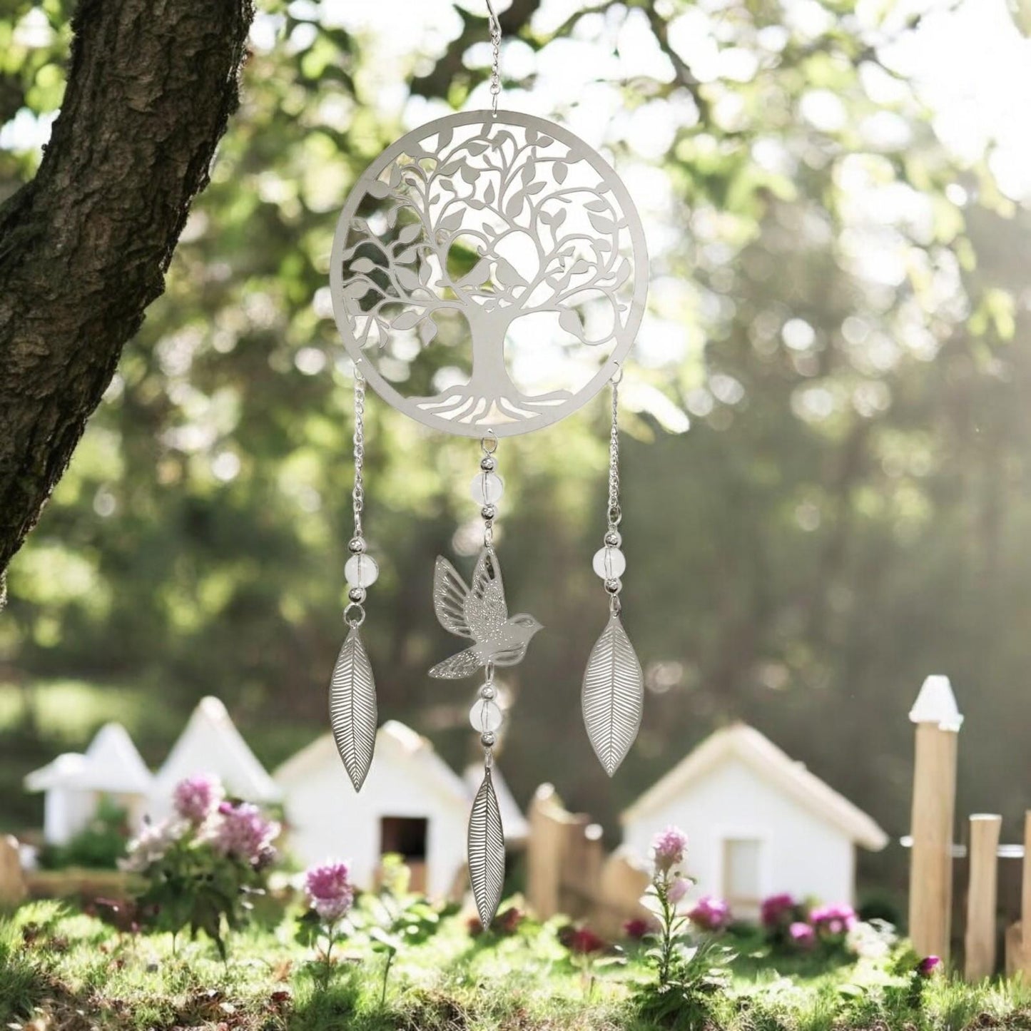 Tree Stainless Steel Hanging Dreamcatcher – 59cm x 18cm | Elegant Outdoor & Indoor Wind Spinner | Boho Metal Dream Catcher for Gardens