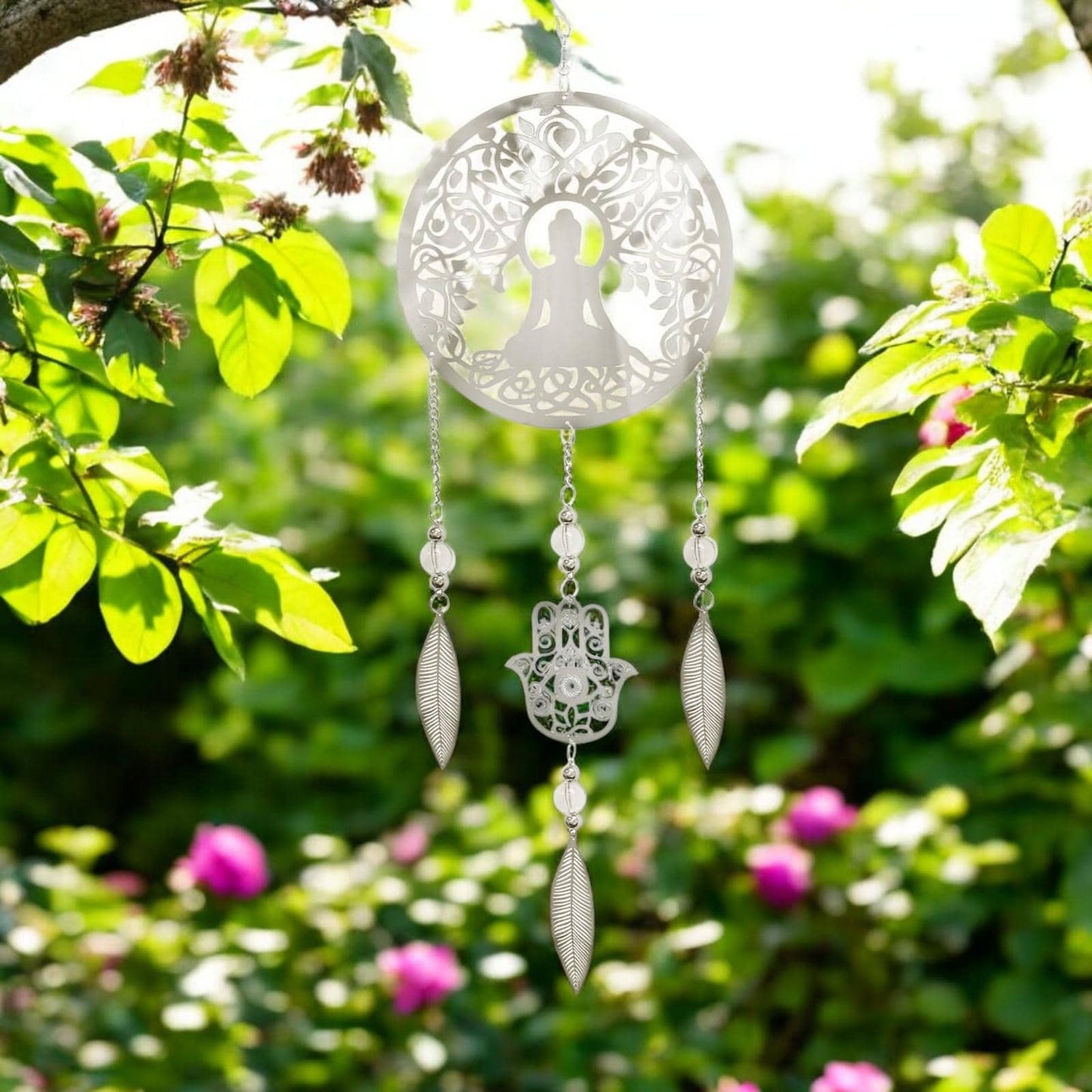 Buddha Stainless Steel Hanging Dreamcatcher – 59cm x 18cm | Spiritual Wind Spinner for Indoor & Outdoor Use | Zen Garden, Meditation