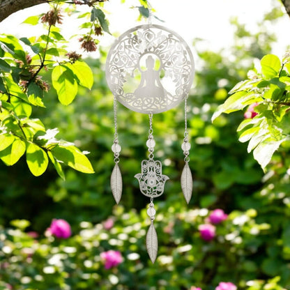 Buddha Stainless Steel Hanging Dreamcatcher – 59cm x 18cm | Spiritual Wind Spinner for Indoor & Outdoor Use | Zen Garden, Meditation