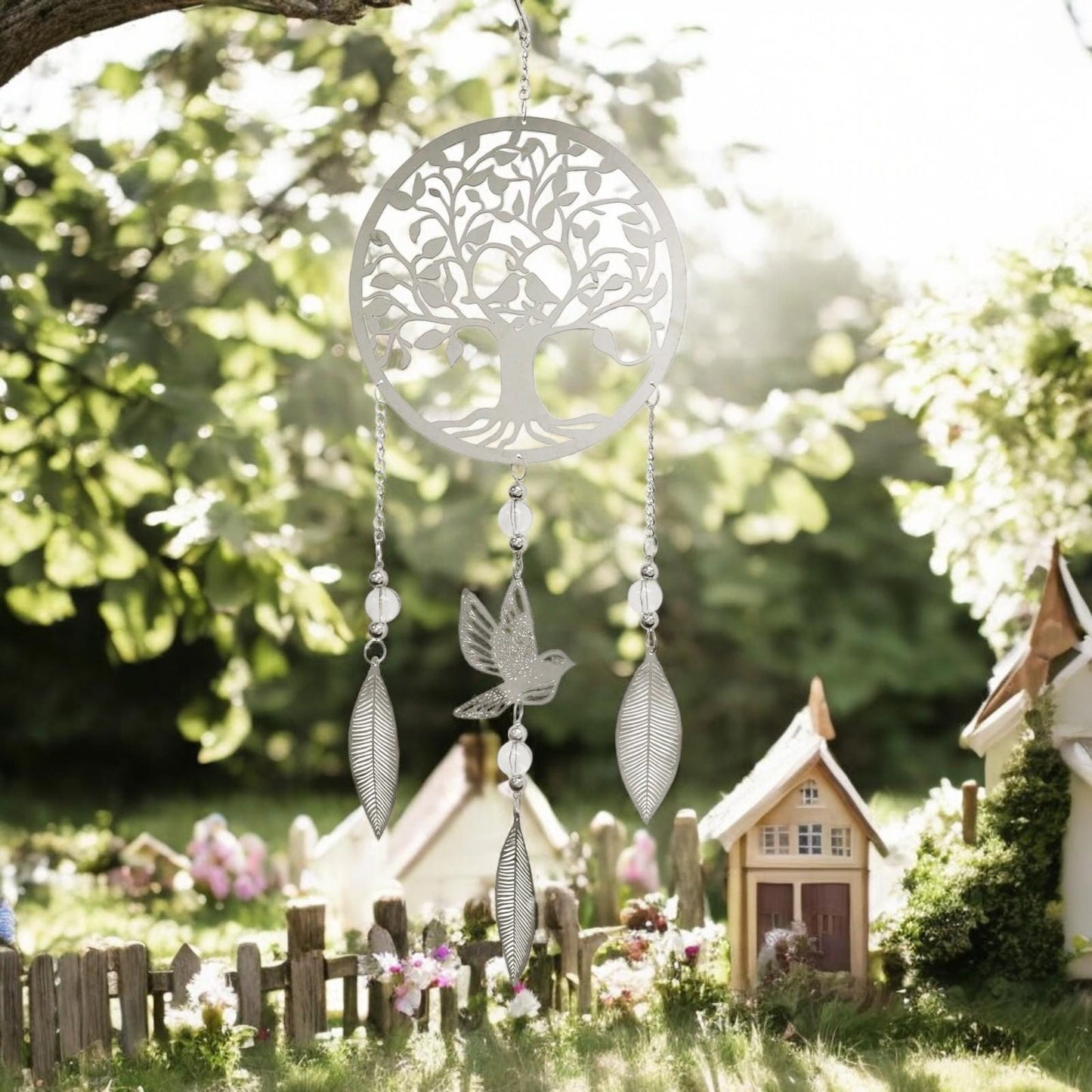 Tree Stainless Steel Hanging Dreamcatcher – 59cm x 18cm | Elegant Outdoor & Indoor Wind Spinner | Boho Metal Dream Catcher for Gardens