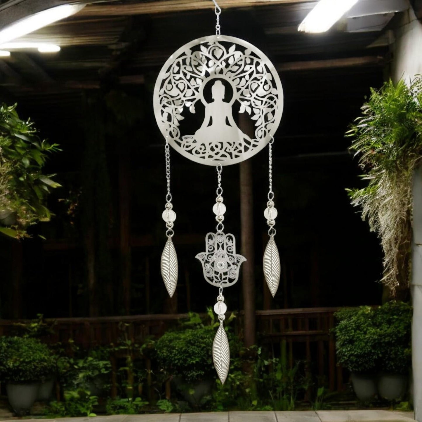 Buddha Stainless Steel Hanging Dreamcatcher – 59cm x 18cm | Spiritual Wind Spinner for Indoor & Outdoor Use | Zen Garden, Meditation