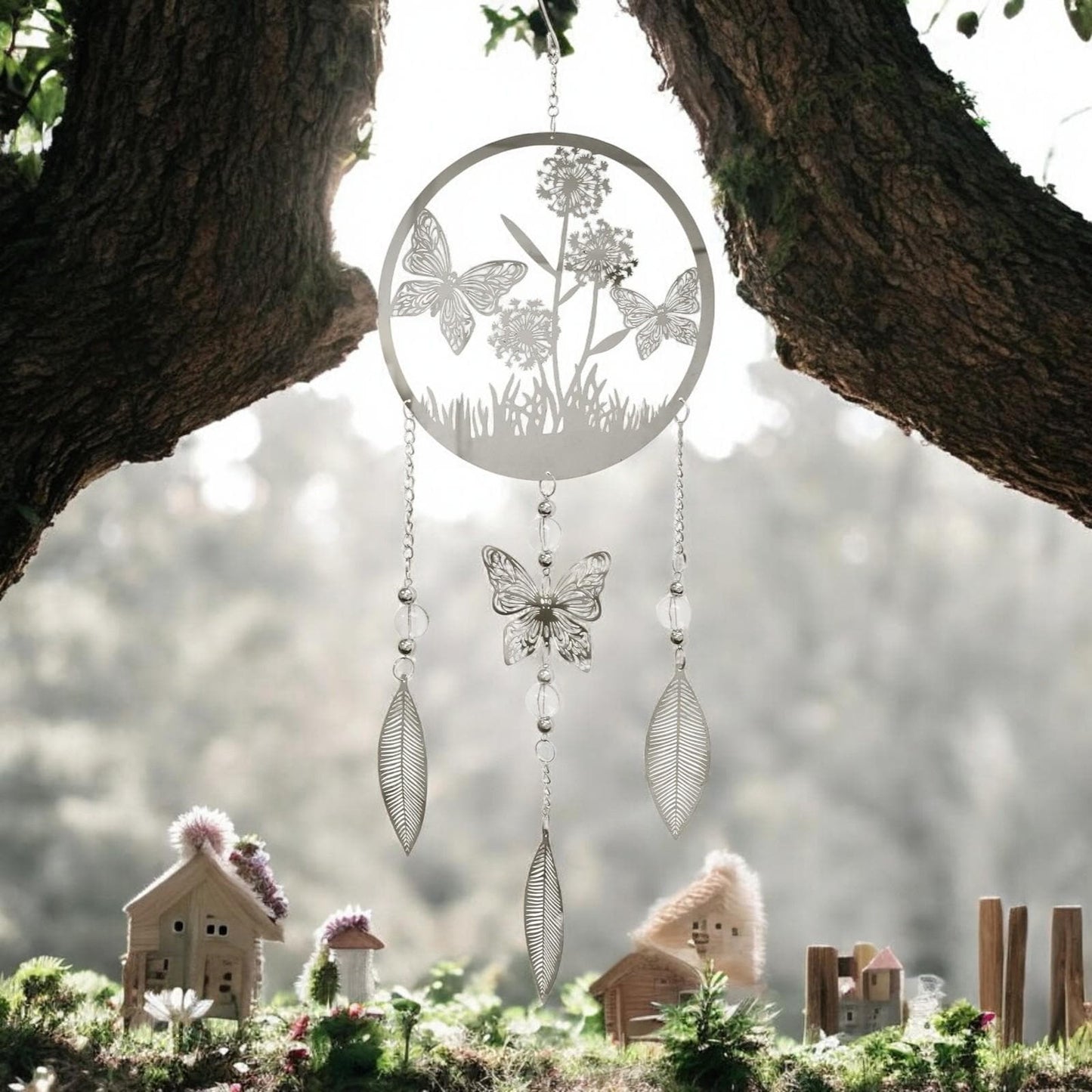 Butterfly Stainless Steel Hanging Dreamcatcher – 59cm x 18cm | Elegant Wind Spinner for Indoor & Outdoor Use
