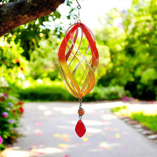 Flame Red Metal Hanging Spinner – 40cm x 14cm | Wind-Powered Kinetic Garden Ornament | Outdoor Hanging Wind Spinner for Patios, Balconies