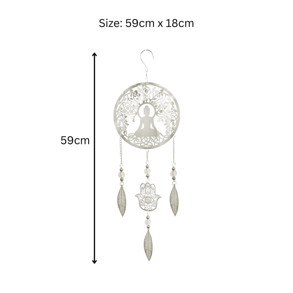 Buddha Stainless Steel Hanging Dreamcatcher – 59cm x 18cm | Spiritual Wind Spinner for Indoor & Outdoor Use | Zen Garden, Meditation