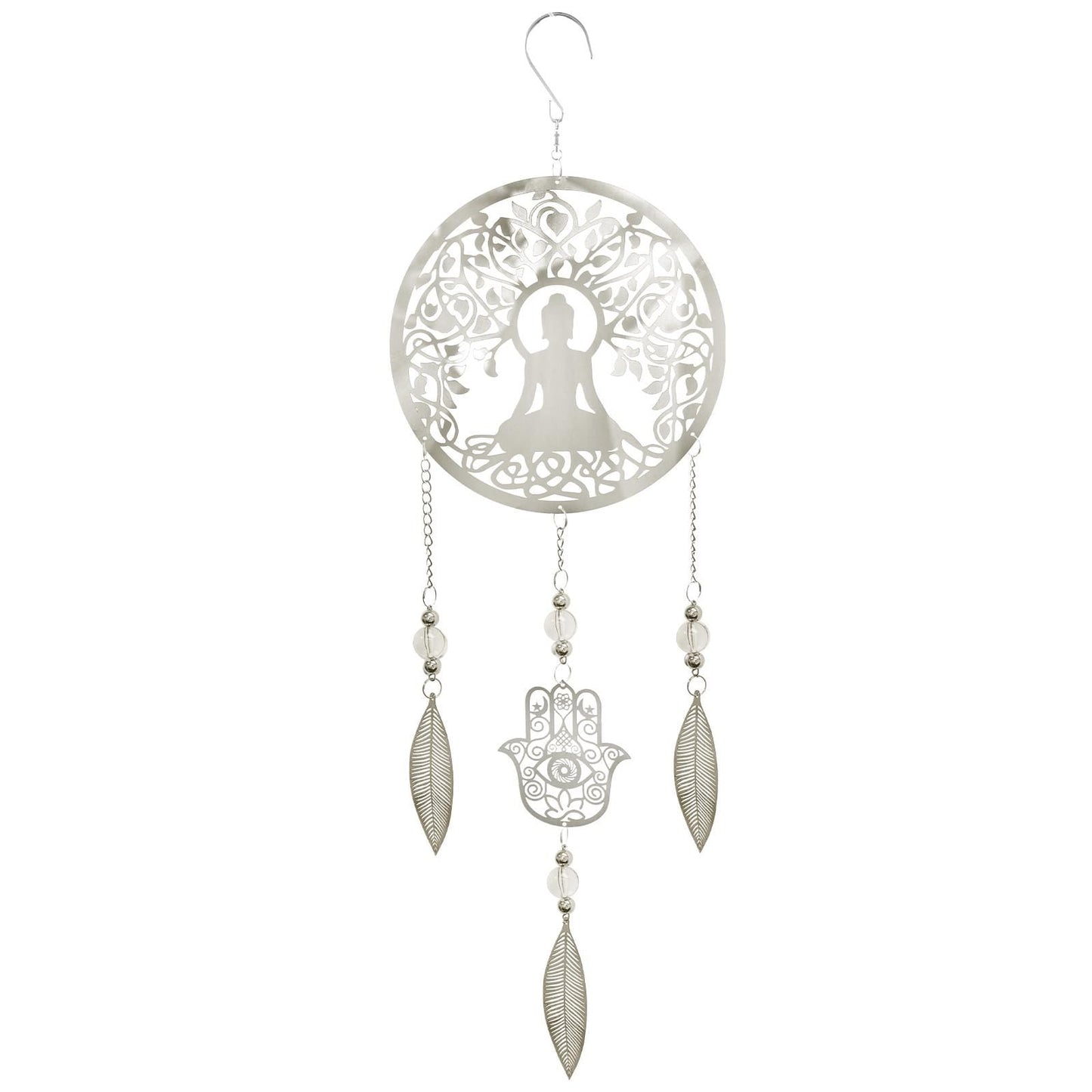 Buddha Stainless Steel Hanging Dreamcatcher – 59cm x 18cm | Spiritual Wind Spinner for Indoor & Outdoor Use | Zen Garden, Meditation