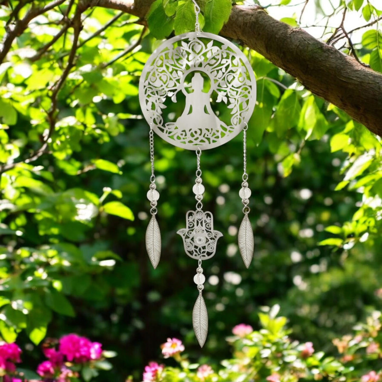 Buddha Stainless Steel Hanging Dreamcatcher – 59cm x 18cm | Spiritual Wind Spinner for Indoor & Outdoor Use | Zen Garden, Meditation