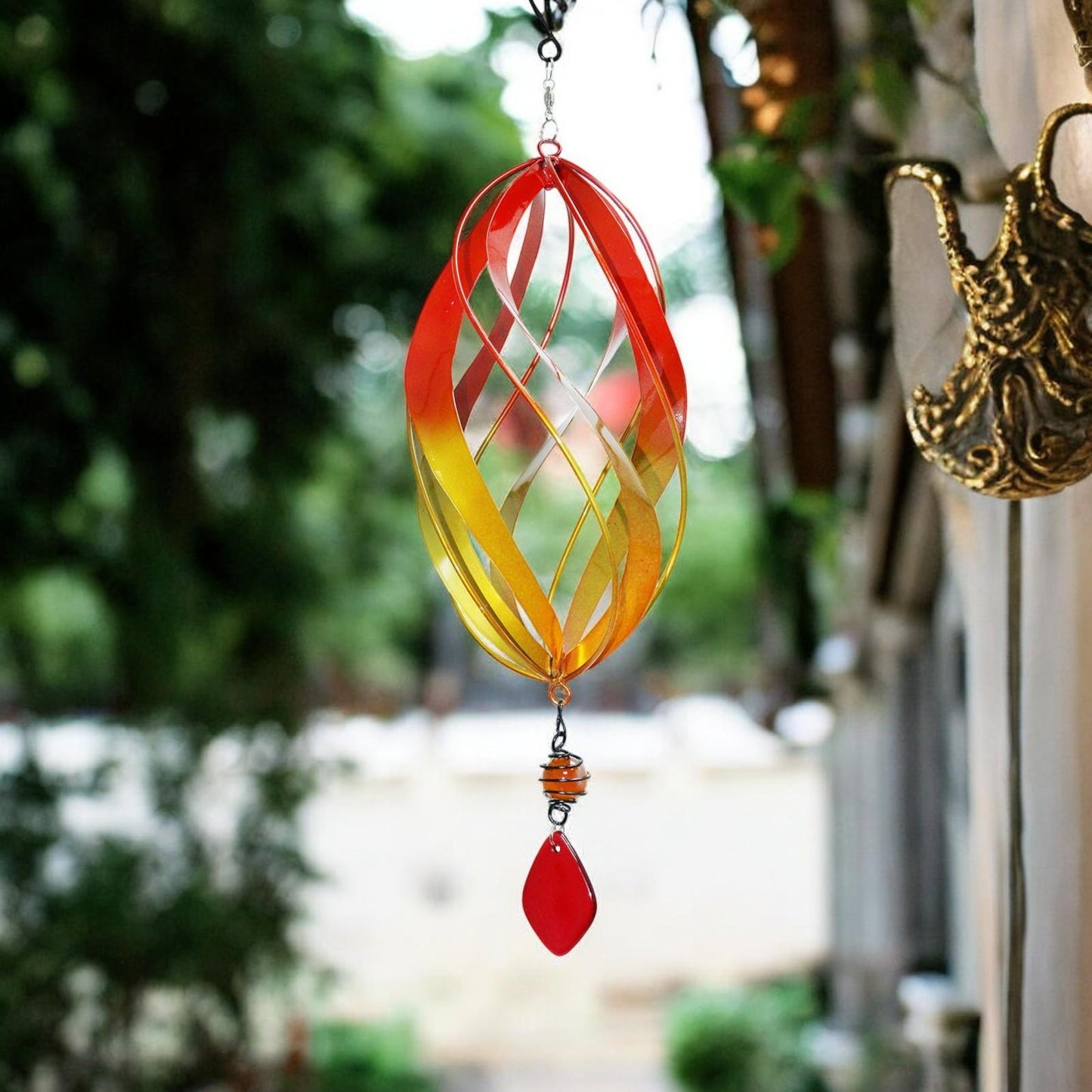 Flame Red Metal Hanging Spinner – 40cm x 14cm | Wind-Powered Kinetic Garden Ornament | Outdoor Hanging Wind Spinner for Patios, Balconies