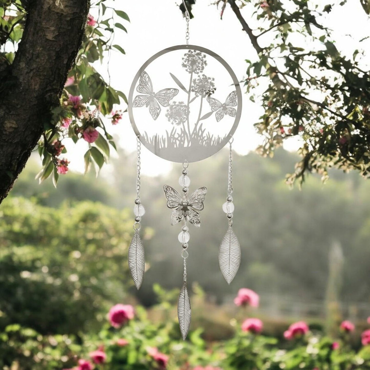 Butterfly Stainless Steel Hanging Dreamcatcher – 59cm x 18cm | Elegant Wind Spinner for Indoor & Outdoor Use