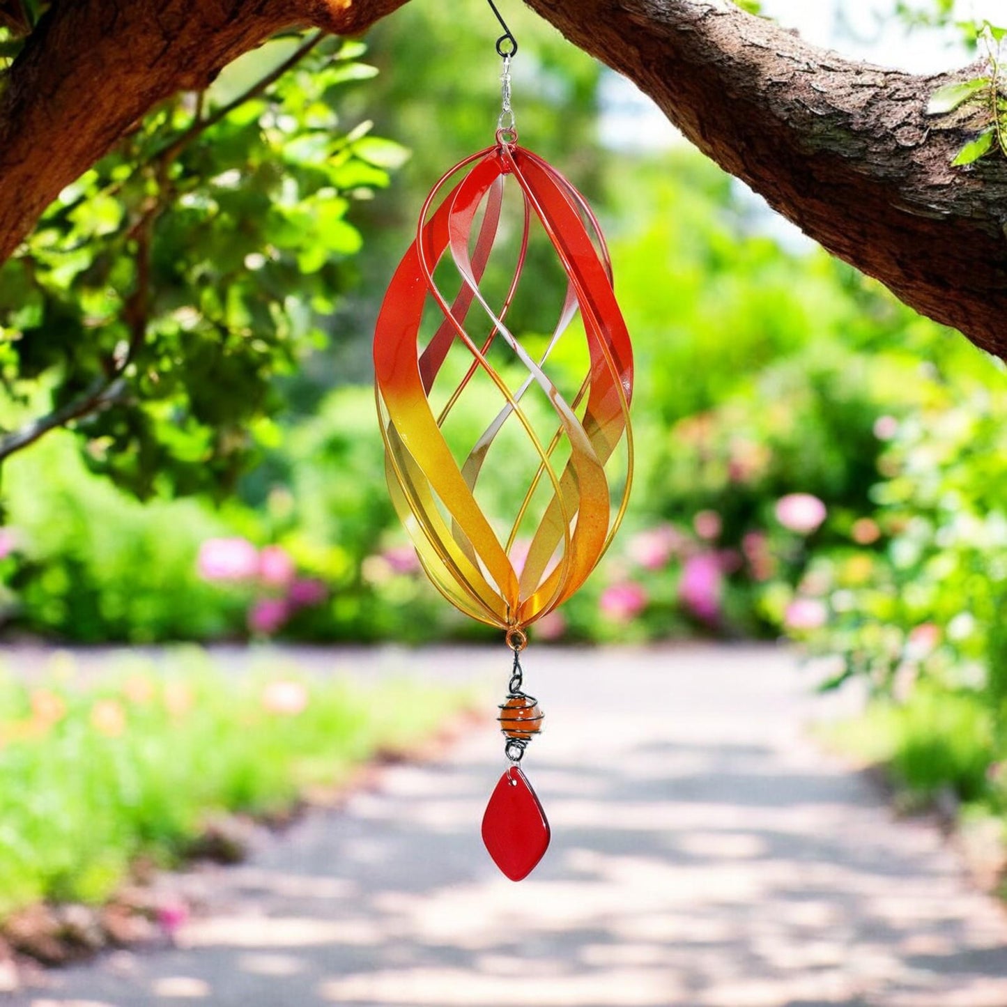 Flame Red Metal Hanging Spinner – 40cm x 14cm | Wind-Powered Kinetic Garden Ornament | Outdoor Hanging Wind Spinner for Patios, Balconies