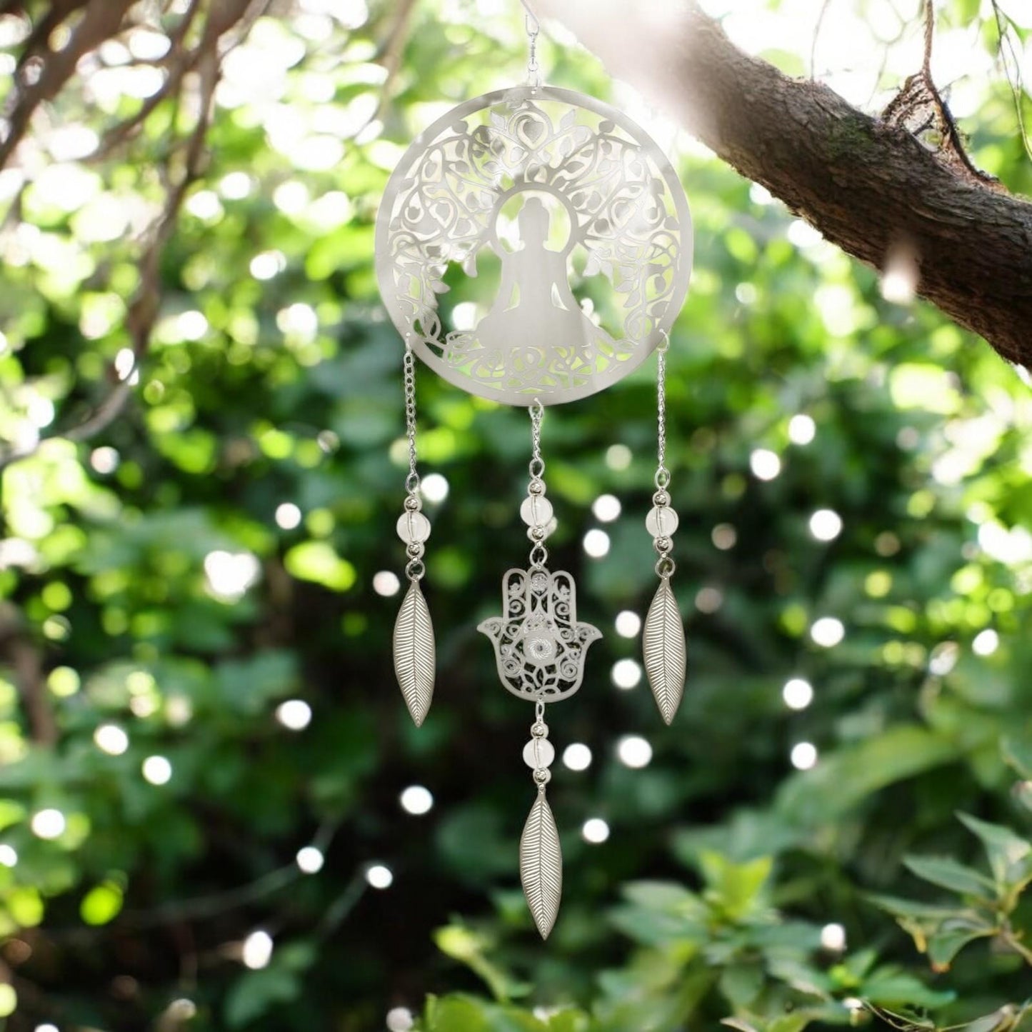 Buddha Stainless Steel Hanging Dreamcatcher – 59cm x 18cm | Spiritual Wind Spinner for Indoor & Outdoor Use | Zen Garden, Meditation