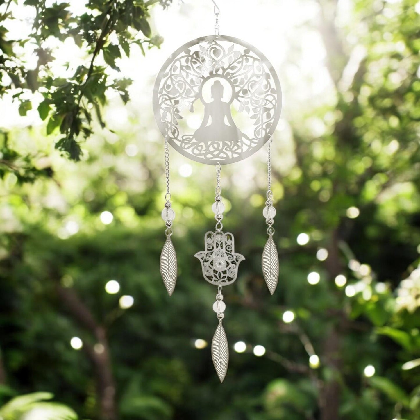 Buddha Stainless Steel Hanging Dreamcatcher – 59cm x 18cm | Spiritual Wind Spinner for Indoor & Outdoor Use | Zen Garden, Meditation
