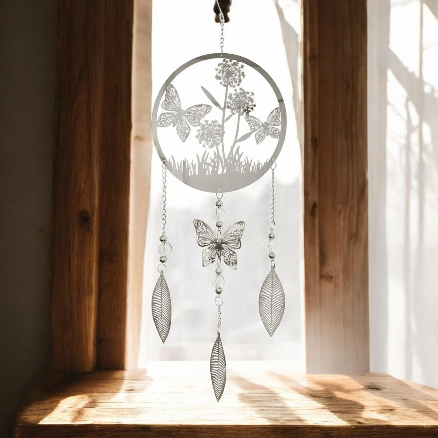Butterfly Stainless Steel Hanging Dreamcatcher – 59cm x 18cm | Elegant Wind Spinner for Indoor & Outdoor Use
