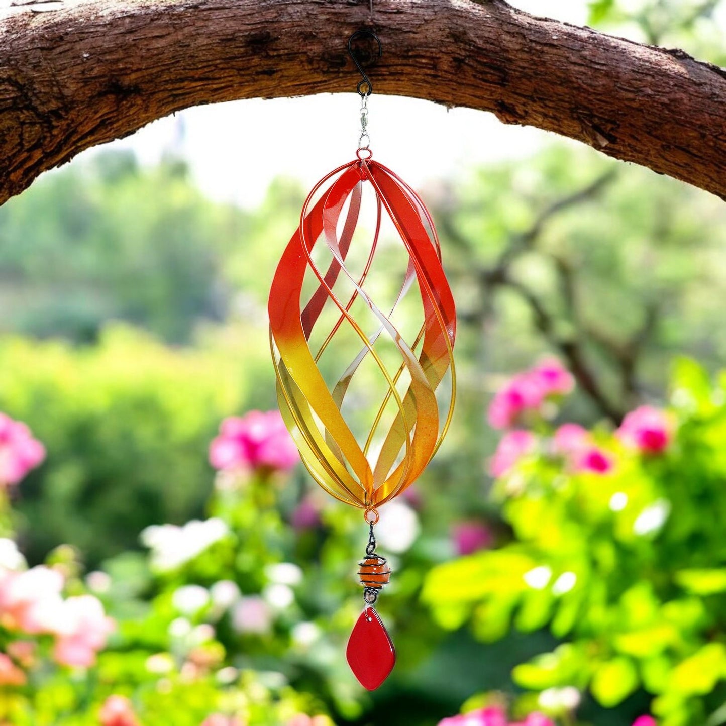 Flame Red Metal Hanging Spinner – 40cm x 14cm | Wind-Powered Kinetic Garden Ornament | Outdoor Hanging Wind Spinner for Patios, Balconies