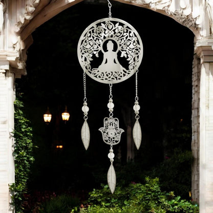 Buddha Stainless Steel Hanging Dreamcatcher – 59cm x 18cm | Spiritual Wind Spinner for Indoor & Outdoor Use | Zen Garden, Meditation