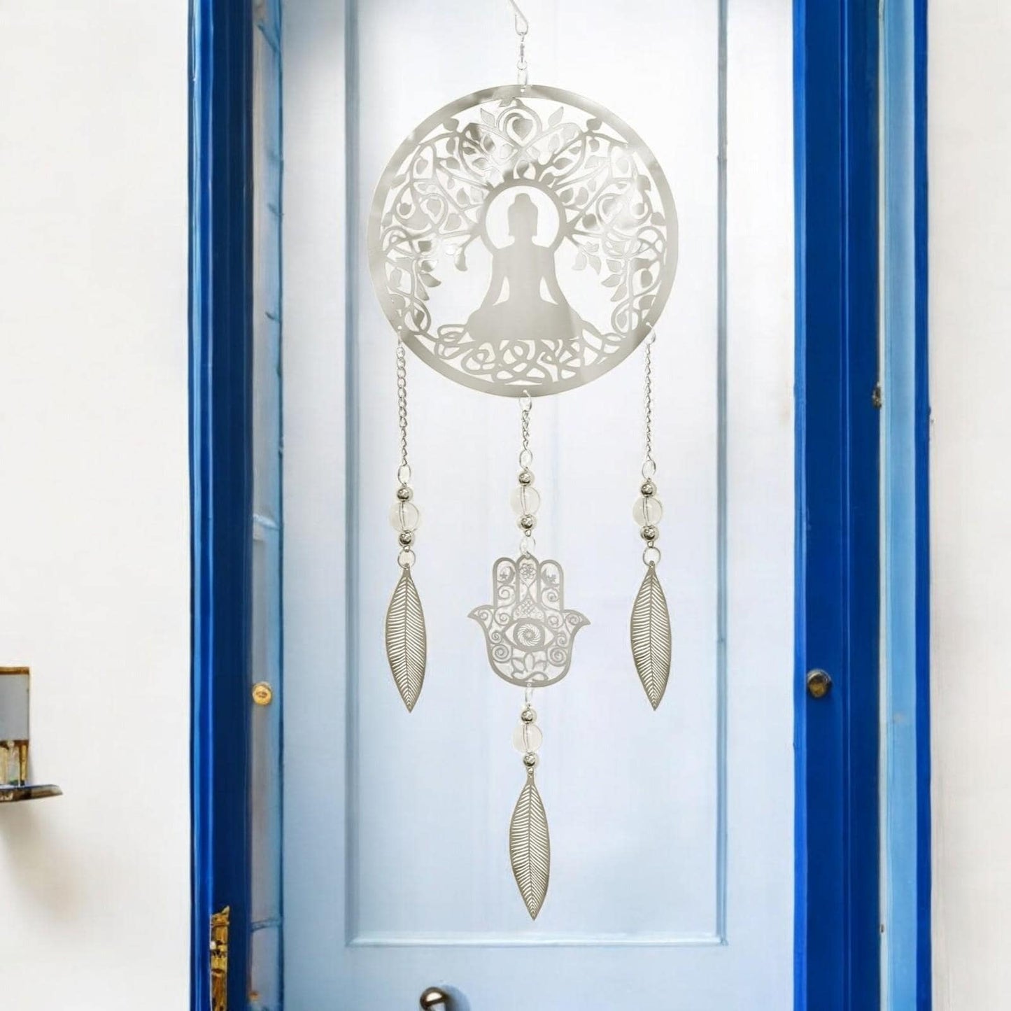 Buddha Stainless Steel Hanging Dreamcatcher – 59cm x 18cm | Spiritual Wind Spinner for Indoor & Outdoor Use | Zen Garden, Meditation